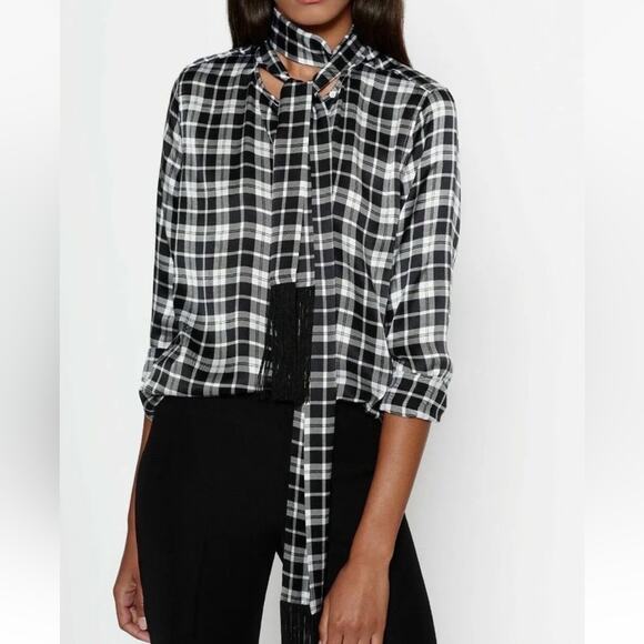 Equipment Femme Essential Tie Neck Silk Shirt in Bright White Palo Santo Plaid L - Picture 1 of 8